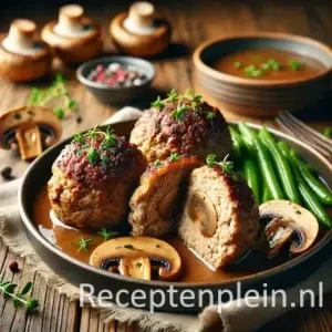 Gehaktballetjes gevuld met een romige paddenstoelenvulling, doorgesneden om de vulling te tonen, geserveerd met een lichte saus en seizoensgroenten op een rustieke houten tafel.