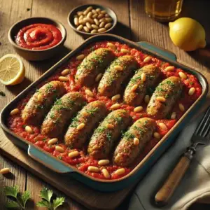 Ovenschotel met gevulde gehaktworstjes, pijnboompitten en tomatensaus, gegarneerd met peterselie en citroen.