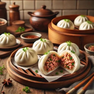 Een rustieke houten tafel met zachte, luchtige gestoomde broodjes (bah pao) in Chinese-Indonesische stijl. Eén broodje is opengesneden en toont de hartige vulling van gekruid gehakt, ham, ui en kruiden. De broodjes liggen op kleine vierkantjes bakpapier en zijn geserveerd in een bamboe stoommandje of op een keramisch bord. Ernaast staat een schaaltje dipsaus. De achtergrond toont een gezellige keuken met warme, natuurlijke verlichting.