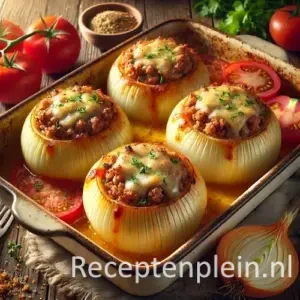 Grote uien gevuld met gekruid gehakt en kaas, gebakken op tomatenplakjes in ovenschaal op houten tafel.