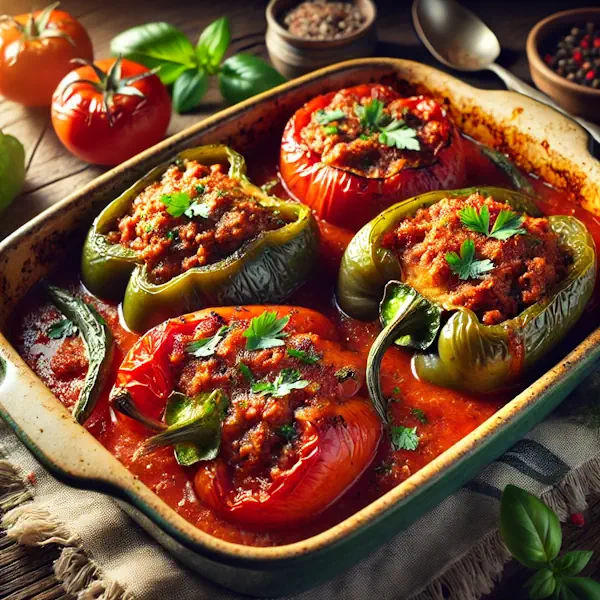 Paprika’s en tomaten uit de oven, gevuld met een hartige mix van gehakt, rijst en kruiden, geserveerd in een rijke tomatensaus. Afgewerkt met verse peterselie en basilicum in een keramische ovenschaal, met warme mediterrane uitstraling.