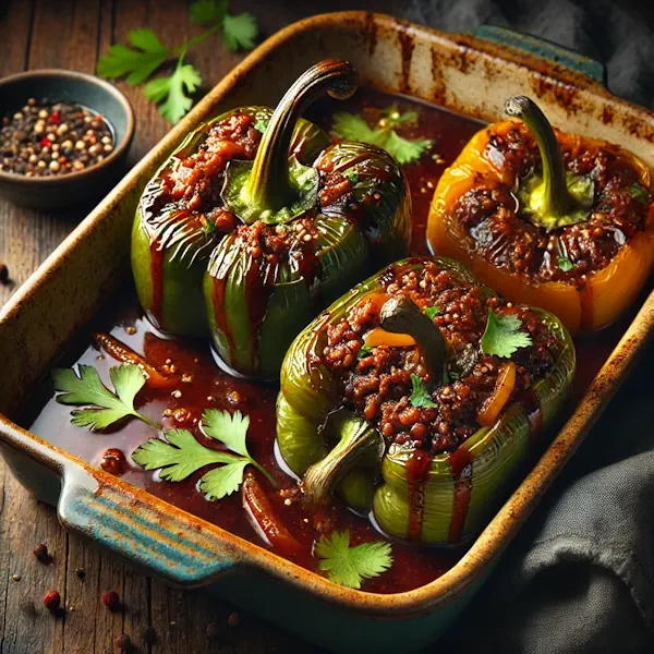 Paprika’s uit de oven gevuld met gehakt en groenten, geglazuurd met een rijke ketjapsaus. De paprika’s zijn sappig en glanzend van de saus, gegarneerd met verse koriander en geserveerd in een keramische ovenschaal in een warme, huiselijke sfeer.