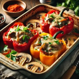 Rode en gele paprika’s uit de oven, gevuld met een hartige vulling van champignons, ui, kruiden en romige saus. Afgetopt met gesmolten kaas en verse peterselie, geserveerd in een keramische ovenschaal op een houten tafel in een warme, gezellige setting.