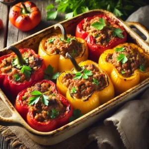 Rode en gele paprika’s uit de oven, gevuld met gekruid gehakt, sappig en mals gebakken. Afgewerkt met verse peterselie en geserveerd in een keramische ovenschaal op een houten tafel in een warme, huiselijke sfeer.
