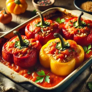 Rode en gele paprika’s uit de oven, gevuld met rijst en rijkelijk overgoten met hartige tomatensaus. De saus loopt deels in de ovenschaal, en het gerecht is afgewerkt met verse peterselie in een warme, huiselijke setting.