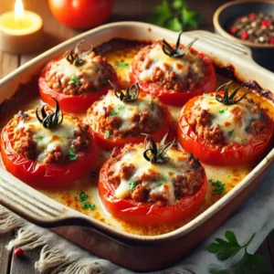 Ovengebakken tomaten gevuld met een hartige gehaktvulling, sappig en mals gegaard. Afgewerkt met gesmolten kaas en verse peterselie, geserveerd in een keramische ovenschaal in een warme, huiselijke sfeer.