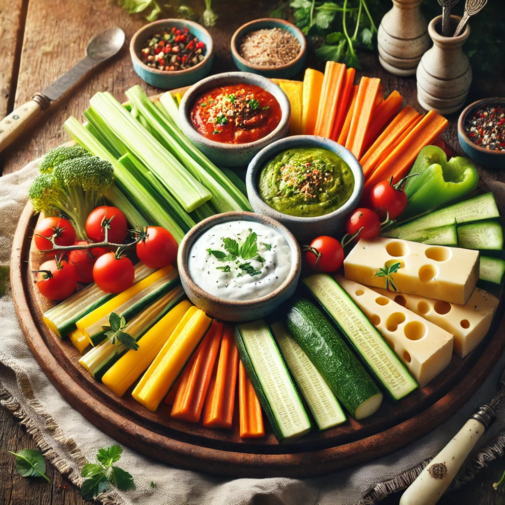 Een kleurrijke schaal met knapperige groentesticks van bleekselderij, wortel, courgette en paprika, gecombineerd met stevige kaassticks van belegen Maaslander en jong belegen kaas. Twee schaaltjes met romige taco- en tzatzikidips staan ernaast, gegarneerd met fijngesneden kruiden. Op de rustieke houten tafel liggen een linnen servet, een vintage lepel en een klein bakje extra kruiden. Zachte natuurlijke verlichting benadrukt de frisse kleuren en verse texturen van het gerecht.