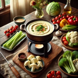 Een rustieke houten tafel met een Italiaanse Gorgonzolafondue, verrijkt met kruiden en een vleugje sherry. De fondue wordt geserveerd in een traditionele pot, omringd door verse groenten zoals broccoli, bloemkool, bleekselderij, paprika, artisjokharten en kerstomaatjes.