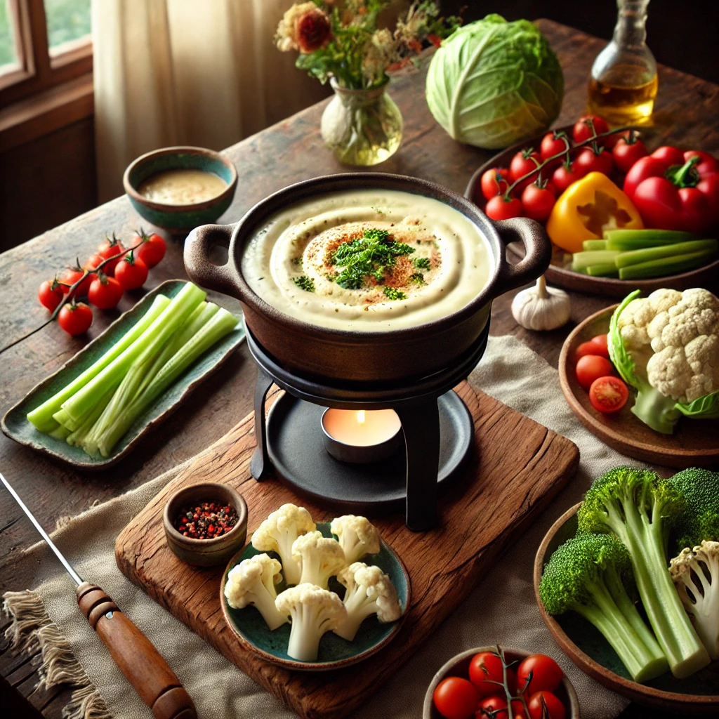 Een rustieke houten tafel met een Italiaanse Gorgonzolafondue, verrijkt met kruiden en een vleugje sherry. De fondue wordt geserveerd in een traditionele pot, omringd door verse groenten zoals broccoli, bloemkool, bleekselderij, paprika, artisjokharten en kerstomaatjes.