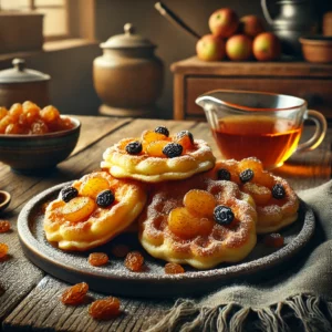 Een rustieke houten tafel met een bord goudbruine appelpoffertjes, bestrooid met poedersuiker en gegarneerd met sappige rozijnen. Een klein kommetje warme siroop staat ernaast. De poffertjes hebben een zachte textuur met een licht krokant randje. De achtergrond toont een gezellige keuken met warme verlichting.