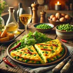 Een rustieke houten tafel met een goudgele, luchtige omelet in punten gesneden, gevuld met doperwten, ringetjes bosui en gesmolten belegen kaas. De omelet is gegarneerd met fijngehakte peterselie en besprenkeld met chilisaus. Ernaast liggen gebakken aardappelen en een frisse groene salade. Een glas gekoelde Sauvignon Blanc maakt het geheel compleet. De achtergrond toont een gezellige keuken met warme verlichting.
