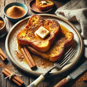Een bord met goudbruin gebakken wentelteefjes, royaal bestrooid met kaneel en suiker. Een klontje boter smelt langzaam bovenop, terwijl een klein schaaltje met extra kaneelsuiker ernaast staat. De rustieke houten tafel is gedekt met een linnen servet en een vintage vork. Zachte natuurlijke verlichting benadrukt de warme tinten en knapperige textuur van de wentelteefjes.