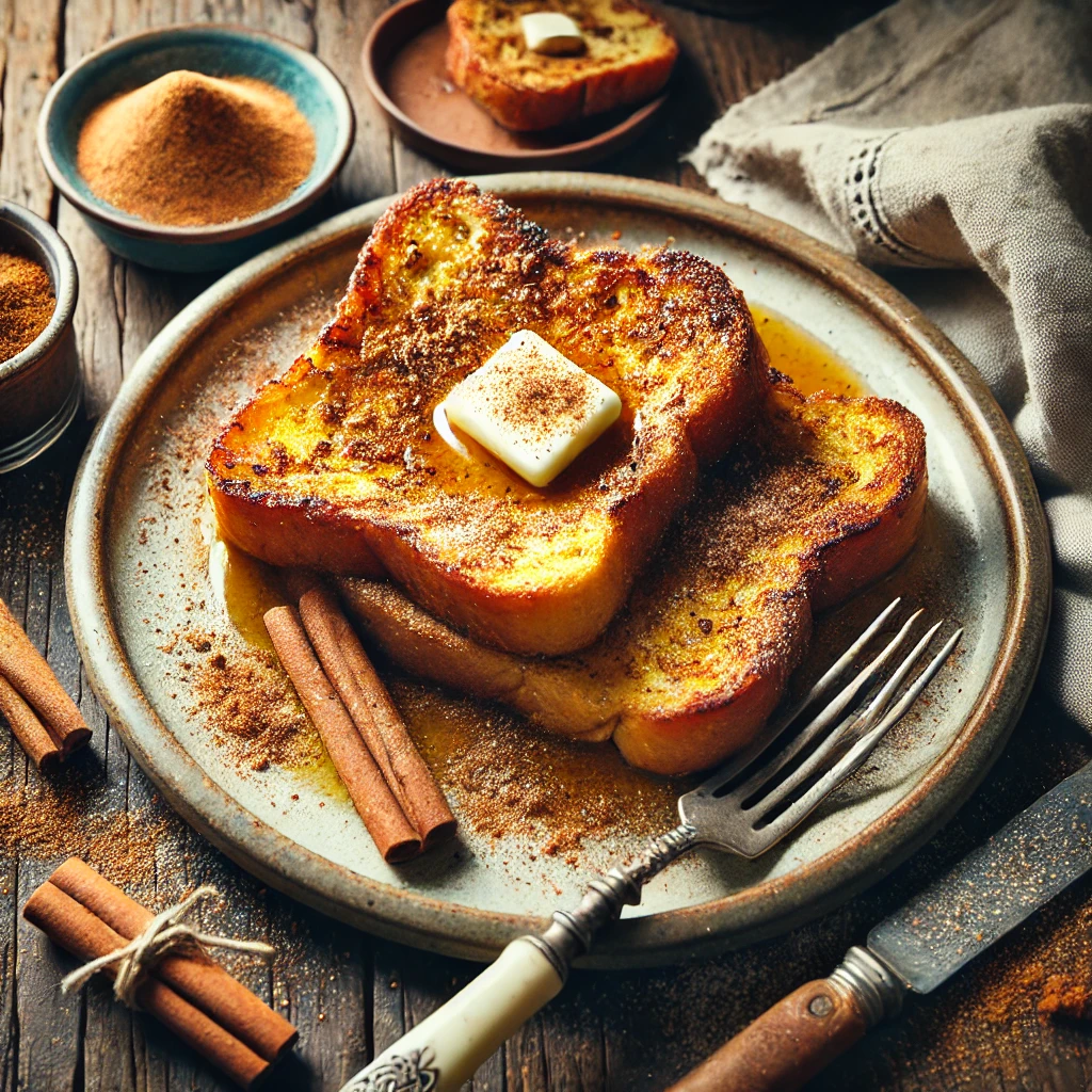 Een bord met goudbruin gebakken wentelteefjes, royaal bestrooid met kaneel en suiker. Een klontje boter smelt langzaam bovenop, terwijl een klein schaaltje met extra kaneelsuiker ernaast staat. De rustieke houten tafel is gedekt met een linnen servet en een vintage vork. Zachte natuurlijke verlichting benadrukt de warme tinten en knapperige textuur van de wentelteefjes.