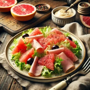 Een frisse salade met veldsla, sappige roze grapefruitpartjes en dunne reepjes gekookte ham, aangemaakt met een lichte mayonaise-dressing op basis van vers grapefruit­sap. Optioneel gegarneerd met zwarte olijven en een vleugje versgemalen zwarte peper. De salade wordt geserveerd op een rustiek bord met een vintage vork en een linnen servet ernaast. Op de achtergrond een houten snijplank met extra grapefruit, ham en een schaaltje dressing. De warme, natuurlijke belichting benadrukt de frisse en kleurrijke uitstraling van dit verfijnde voorgerecht.