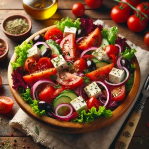Een frisse en kleurrijke Griekse salade, geserveerd in een rustieke houten kom. De salade bevat knapperige rode kropsla, sappige tomaten, blokjes komkommer, dun gesneden rode ui en reepjes paprika. Romige feta is over de salade verspreid, samen met zwarte en groene olijven en een snufje gedroogde oregano. Een lichte dressing van olijfolie en azijn glanst over de ingrediënten. Op de houten tafel liggen een linnen servet, een vintage vork en een klein schaaltje extra dressing.