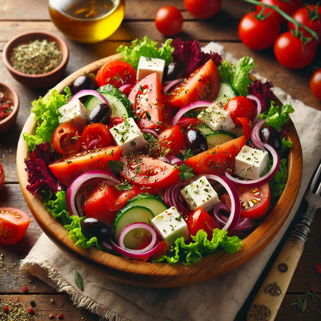 Een frisse en kleurrijke Griekse salade, geserveerd in een rustieke houten kom. De salade bevat knapperige rode kropsla, sappige tomaten, blokjes komkommer, dun gesneden rode ui en reepjes paprika. Romige feta is over de salade verspreid, samen met zwarte en groene olijven en een snufje gedroogde oregano. Een lichte dressing van olijfolie en azijn glanst over de ingrediënten. Op de houten tafel liggen een linnen servet, een vintage vork en een klein schaaltje extra dressing.