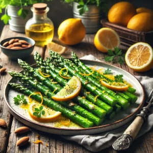 Gegrilde groene asperges met een romige citroenboter, gegarneerd met citroenzeste, verse peterselie en zwarte peper, geserveerd op een rustieke houten tafel.