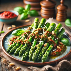 Gegrilde groene asperges met een rijke rode pesto, gegarneerd met Parmezaanse kaas, pijnboompitten en verse basilicum op een rustieke houten tafel.