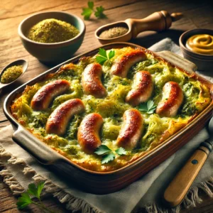 Een rustieke houten tafel met een versgebakken groene kool ovenschotel met saucijsjes in een keramische ovenschaal. De schotel heeft goudbruine saucijsjes in een romige groene koolmix, gegarneerd met verse kruiden. Een houten opscheplepel rust ernaast, en een klein schaaltje mosterd staat ernaast voor extra smaak.