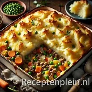 Ovenschotel met groenten en gehakt, bedekt met aardappelpuree, goudbruin gebakken op houten tafel.