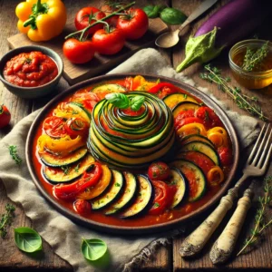 Een kleurrijk bord met groentestoof "Glazen Stad" (Ratatouille), prachtig gerangschikt in dunne plakken courgette, aubergine, paprika en tomaat, langzaam gegaard in een kruidige tomatensaus. De groenten vormen een sierlijk spiraalpatroon en zijn gegarneerd met verse basilicum. Naast het bord liggen een vintage vork en mes, samen met een linnen servet. Op de achtergrond staat een houten snijplank met extra groenten, een schaaltje tomatensaus en een takje tijm. De warme, natuurlijke belichting benadrukt de levendige kleuren en rijke smaken van het gerecht.