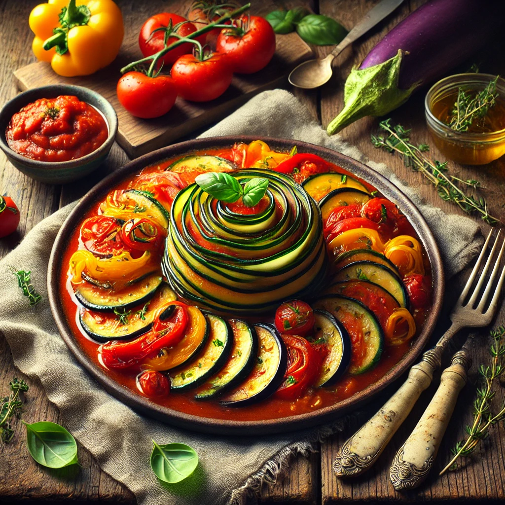 Een kleurrijk bord met groentestoof "Glazen Stad" (Ratatouille), prachtig gerangschikt in dunne plakken courgette, aubergine, paprika en tomaat, langzaam gegaard in een kruidige tomatensaus. De groenten vormen een sierlijk spiraalpatroon en zijn gegarneerd met verse basilicum. Naast het bord liggen een vintage vork en mes, samen met een linnen servet. Op de achtergrond staat een houten snijplank met extra groenten, een schaaltje tomatensaus en een takje tijm. De warme, natuurlijke belichting benadrukt de levendige kleuren en rijke smaken van het gerecht.