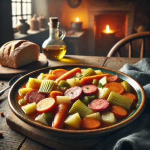 Een rustieke houten tafel met een stevige groentestoofpot, gevuld met plakken verse worst en stukjes spek. De stoof bevat wortel, aardappel, prei en bleekselderij in een rijke, hartige bouillon. Geserveerd in een rustieke keramische kom met een stuk knapperig brood ernaast. De achtergrond toont een gezellige keuken met warme verlichting en een huiselijke Hollandse sfeer.