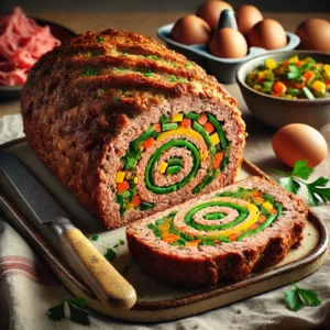 Gehaktbrood met kleurrijke groentevulling in spiraalvorm, in plakken gesneden en geserveerd op een rustieke schaal met peterselie.
