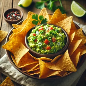 Een kom met romige, zelfgemaakte guacamole, gemengd met fijngesneden tomaat en lente-ui, geserveerd met knapperige, goudbruine tortillachips. Een partje limoen en verse korianderblaadjes zorgen voor een frisse afwerking. Op de rustieke houten tafel liggen een linnen servet en een klein schaaltje met extra kruiden. Zachte natuurlijke verlichting benadrukt de levendige groene kleur en smeuïge textuur van de guacamole.