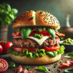 Italiaanse hamburger met mozzarella, pesto, tomaat, bacon en ijsbergsla op een klassiek broodje, geserveerd op een houten tafel.