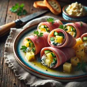 Een elegant opgemaakt bord met hamrolletjes gevuld met romige gorgonzola, fijngesneden ananas en komkommer. De ham is strak opgerold, met een garnering van verse peterselie. Krokante toast ligt ernaast als smaakvolle aanvulling. Op de rustieke houten tafel liggen een linnen servet, een vintage mes en een klein schaaltje met extra vulling. Zachte natuurlijke verlichting benadrukt de delicate texturen en frisse kleuren van het gerecht.