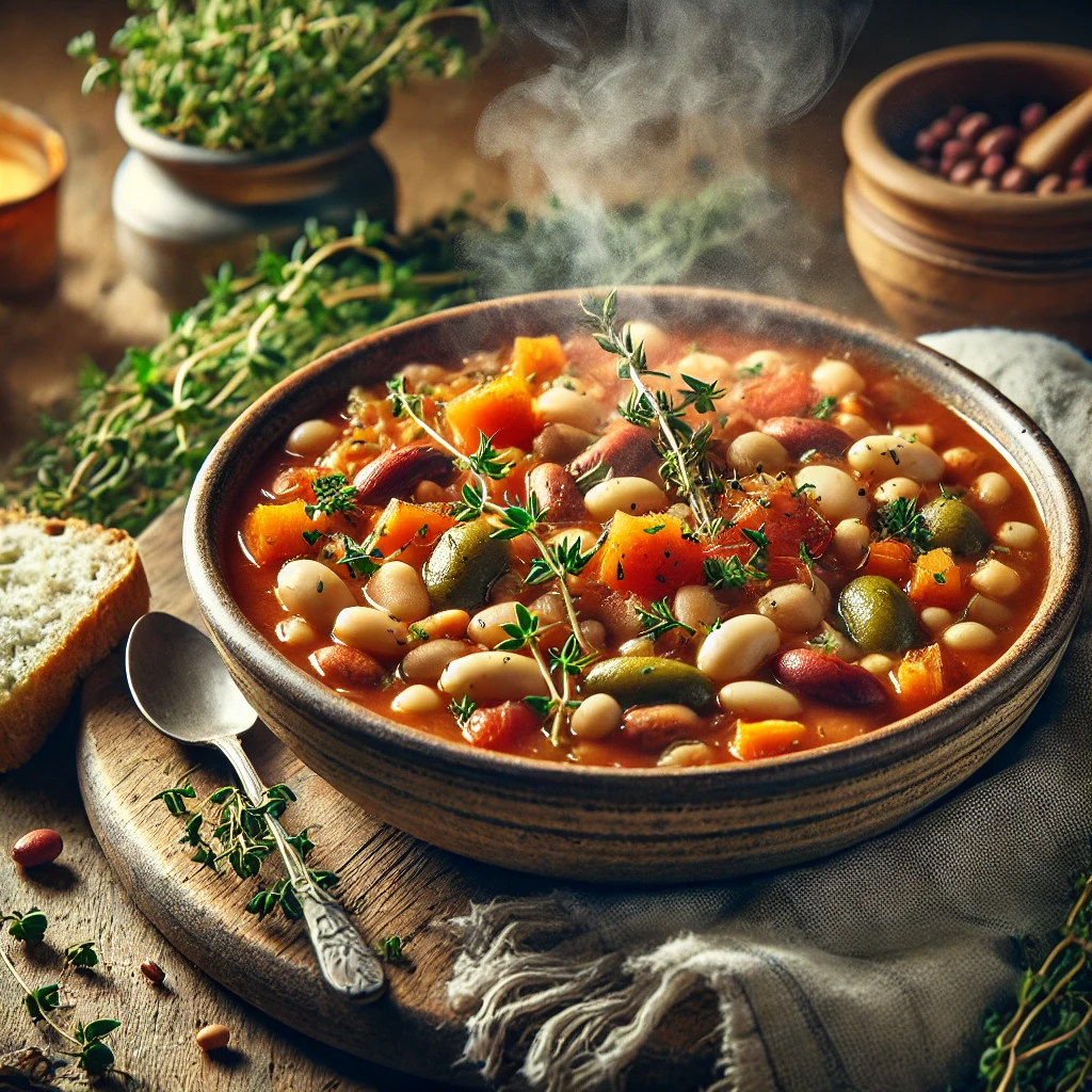 Stevige bonenstoof met witte en kidneybonen, wortel, ui en tomaat, afgemaakt met verse kruiden, geserveerd in een rustieke kom op een houten tafel.