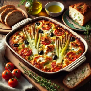 Een rustieke houten tafel met een versgebakken hartige broodschotel, gevuld met geitenkaas, prei, tomaten en olijven. De schotel heeft een krokante, goudbruine bovenkant en wordt geserveerd in een keramische ovenschaal. Ernaast liggen sneetjes volkorenbrood, verse tijm en een scheutje olijfolie.