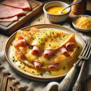 Een bord met goudbruine hartige flensjes, gevuld met sappige ham en overgoten met een romige kaassaus. De saus smelt langzaam over de flensjes en is afgemaakt met fijngesneden bieslook en een vleugje zwarte peper. Naast het bord liggen een vintage vork en mes, samen met een linnen servet. Op de achtergrond staat een houten snijplank met plakjes ham, geraspte kaas en een schaaltje kaassaus. De warme, natuurlijke belichting benadrukt de rijke, romige texturen en hartige smaken van het gerecht.
