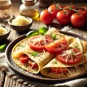 Een rustieke houten tafel met hartige flensjes gevuld met verse tomaten en Parmezaanse kaas. De flensjes zijn gevouwen en op een bord geplaatst, gegarneerd met kruiden. Het geheel is omringd door extra tomatenschijfjes en een lichte bestrooiing van geraspte kaas, met zachte natuurlijke verlichting die de gezellige sfeer benadrukt.