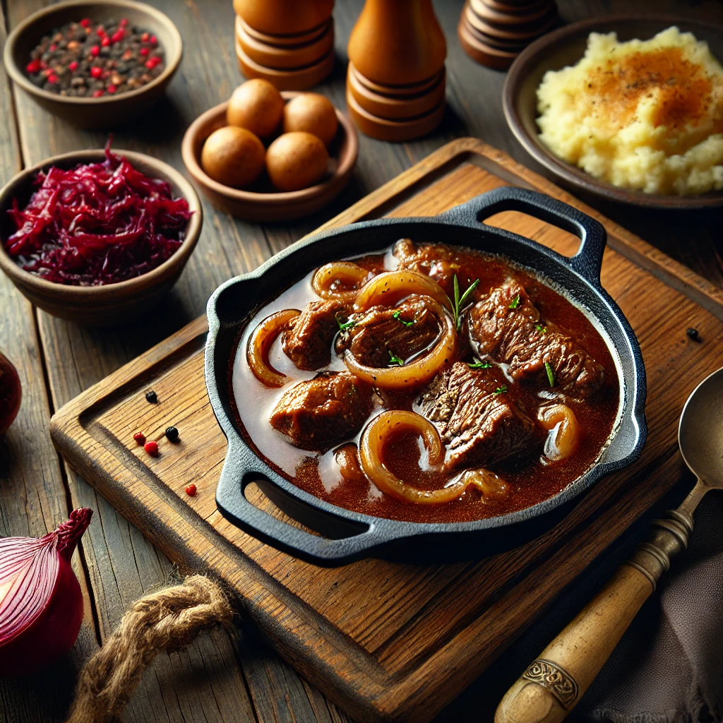 Een rustieke houten tafel met een diepe gietijzeren pan gevuld met Nederlandse gehakt hachee in een rijke, bruine jus, vergezeld van aardappelpuree en rode kool. Een houten lepel ligt naast het gerecht, terwijl zacht licht een warme, gezellige sfeer creëert.