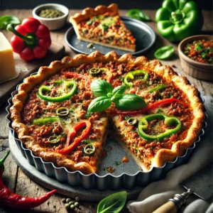 Hartige taart met bladerdeegkorst, gevuld met kipgehakt, paprika, Parmezaanse kaas en pesto, gegarneerd met groene paprikaringen en verse basilicum op een rustieke houten tafel.