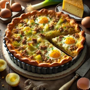 Hartige taart met bladerdeegkorst, gevuld met gehakt, prei en aardappel, overgoten met romig ei-mengsel en bestrooid met gesmolten kaas, geserveerd op een houten tafel.