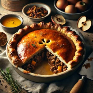 Goudbruin gebakken pastei met een knapperige korst en een hartige vulling van gehakt, lever en stukjes appel, geserveerd in een diepe ovenschaal op een rustieke houten tafel. Goudbruin gebakken pastei met een knapperige korst en een hartige vulling van gehakt, lever en stukjes appel, geserveerd in een diepe ovenschaal op een rustieke houten tafell