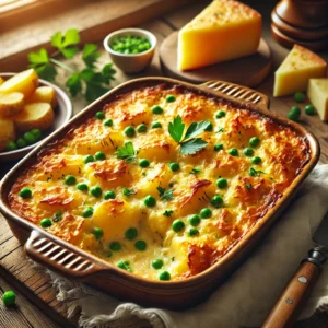 Een rustieke houten tafel met een versgebakken hartige kaas-aardappelschotel, geserveerd in een keramische ovenschaal. De bovenkant is goudbruin met gesmolten kaas over zachte aardappelen en doperwten. Ernaast liggen verse peterselie, een stuk belegen kaas en een houten lepel.