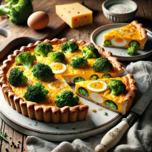 Een goudbruine hartige kaastaart met een knapperige korst en een romige vulling van gesmolten Friese nagelkaas, eieren en crème fraîche. De groene broccoli florets zijn perfect meegebakken en zorgen voor een kleurrijke en smaakvolle toevoeging. Een punt is uitgesneden om de zachte, kaasrijke binnenkant te tonen. Naast het bord ligt een vintage mes en een linnen servet op een rustieke houten tafel. Op de achtergrond staat een houten snijplank met extra kaas, verse broccoli en een kommetje crème fraîche. De warme, natuurlijke belichting benadrukt de hartige smaken en knapperige texturen van dit heerlijke gerecht.