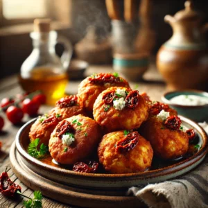 Goudbruine hartige oliebollen met zongedroogde tomaat en feta, gegarneerd met verse peterselie en geserveerd met een dipsaus op een rustieke houten tafel.