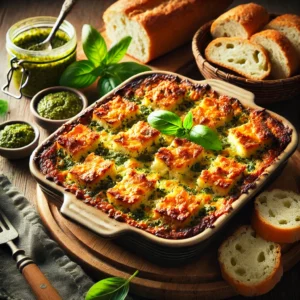 Een rustieke houten tafel met een versgebakken hartige broodschotel, gevuld met pesto en jong belegen kaas, geserveerd in een keramische ovenschaal. De bovenkant is goudbruin en krokant. Ernaast liggen een potje pesto, verse basilicumblaadjes en sneetjes rustiek brood.