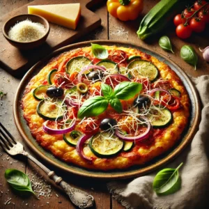 Een goudbruine, luchtige pizza-omelet belegd met gebakken rode ui, courgette, tomaten, paprika en olijven. Fijngeraspte Parmezaanse kaas smelt subtiel over de warme omelet, terwijl verse basilicumblaadjes zorgen voor een frisse touch. Op de achtergrond een rustieke houten tafel met een snijplank vol verse groenten, extra Parmezaan en een zachte linnen servet. De warme, natuurlijke belichting benadrukt de knapperige groenten en romige kaas van dit heerlijke Italiaanse gerecht.