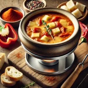 Een rustieke houten tafel met een hartige tomaten-kaasfondue, geserveerd in een traditionele fonduepan. De fondue is romig en rijk van smaak, gemaakt met belegen en oude kaas, op smaak gebracht met tijm en paprikapoeder. Ernaast liggen stukjes knapperig brood, gesneden paprika en een schaaltje paprikapoeder.