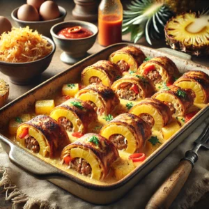 Ovengebakken flensjes gevuld met zuurkool, gehakt en paprika, geserveerd met gegrilde ananas en pittige chilisaus op een rustieke houten tafel.