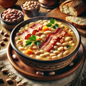 Romige stumpelbonensoep met spek, wortel en ui, geserveerd in een rustieke kom op een houten tafel met brood en verse peterselie.