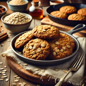 Een rustiek bord met zelfgemaakte havermoutkoekjes, goudbruin gebakken in een koekenpan. De koekjes hebben een knapperige buitenkant en een zachte, chewy binnenkant, met zichtbare havervlokken en een vleugje kaneel. Op het bord liggen enkele gebroken koekjes om de textuur te laten zien. Naast het bord ligt een vintage vork en een linnen servet. Op de achtergrond staat een gietijzeren pan met versgebakken koekjes, een houten snijplank met rauwe havermout en een schaaltje kaneel. De warme, natuurlijke belichting versterkt de uitnodigende kleuren en structuren van het gerecht.
