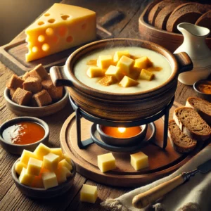 Een rustieke houten tafel met een Hollandse kaasfondue, gemaakt van Goudse, Leidse en Edammer kaas, verrijkt met kirsch. De fondue wordt geserveerd in een traditionele fonduepan, omringd door stukjes donker brood, een schaaltje kirsch en een stuk Hollandse kaas.