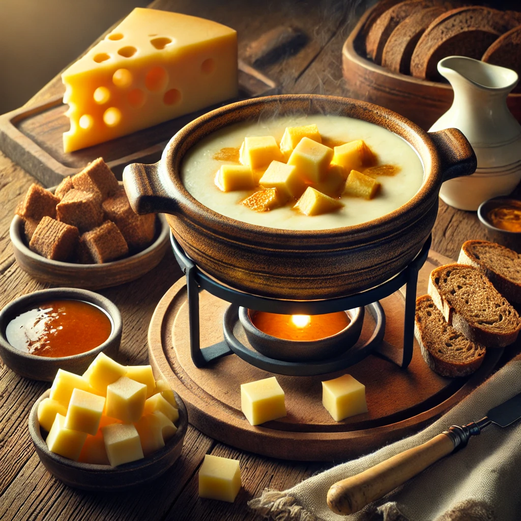 Een rustieke houten tafel met een Hollandse kaasfondue, gemaakt van Goudse, Leidse en Edammer kaas, verrijkt met kirsch. De fondue wordt geserveerd in een traditionele fonduepan, omringd door stukjes donker brood, een schaaltje kirsch en een stuk Hollandse kaas.